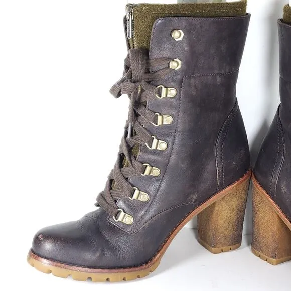 UGG Women's Fabrice US9 Brown Leather Wool Heel Lace-Up Zip Combat Boots