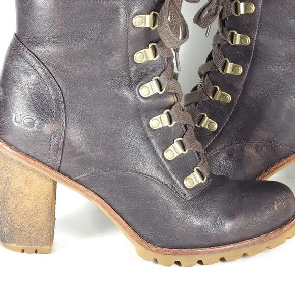 UGG Women's Fabrice US9 Brown Leather Wool Heel Lace-Up Zip Combat Boots