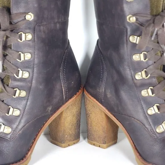 UGG Women's Fabrice US9 Brown Leather Wool Heel Lace-Up Zip Combat Boots