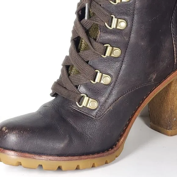 UGG Women's Fabrice US9 Brown Leather Wool Heel Lace-Up Zip Combat Boots