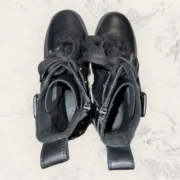 UGG  Zorrah Studded Black Leather Zip Up Buckle Combat Boots Women’s Size 6.5