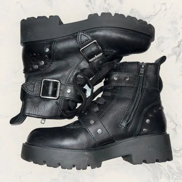 UGG  Zorrah Studded Black Leather Zip Up Buckle Combat Boots Women’s Size 6.5