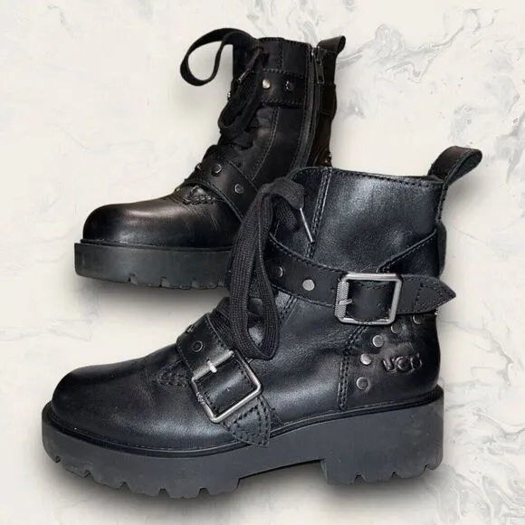 UGG  Zorrah Studded Black Leather Zip Up Buckle Combat Boots Women’s Size 6.5