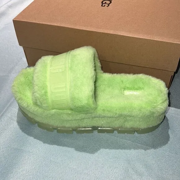 UGG Fluffita Clear Lime Green Sheepskin Fluffy Sandals