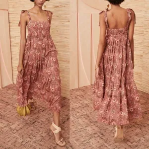 Ulla Johnson Dress Midi Floral Pink Orange Cotton Cordelia Tie Strap Rosebud Sz4