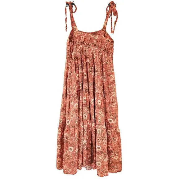 Ulla Johnson Dress Midi Floral Pink Orange Cotton Cordelia Tie Strap Rosebud Sz4
