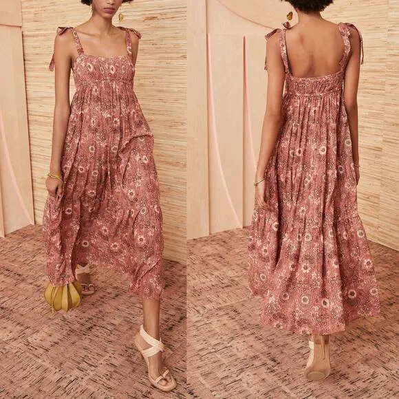 Ulla Johnson Dress Midi Floral Pink Orange Cotton Cordelia Tie Strap Rosebud Sz4