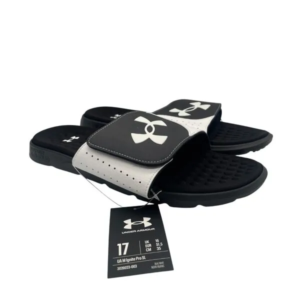 Under Armour Ignite Pro 3026023-003 Mens US 17 Slide Sandals Black White Slip On