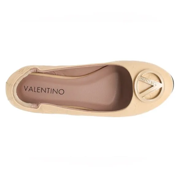 Valentino Beige Flats with Gold Logo New with dust bag/box $479