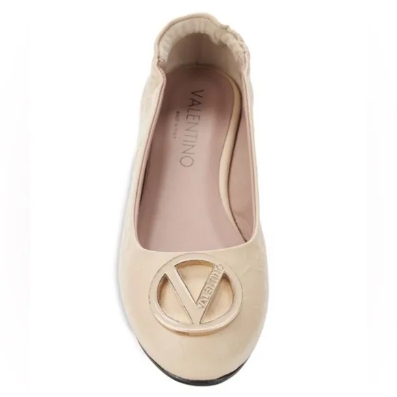 Valentino Beige Flats with Gold Logo New with dust bag/box $479