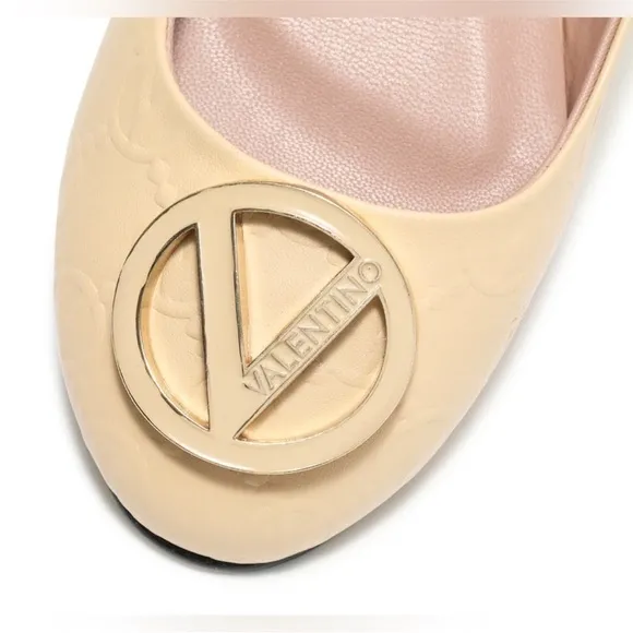 Valentino Beige Flats with Gold Logo New with dust bag/box $479