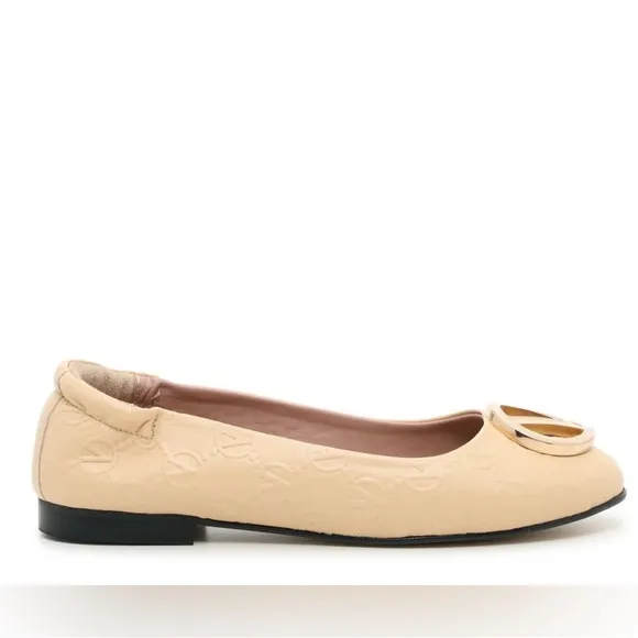 Valentino Beige Flats with Gold Logo New with dust bag/box $479