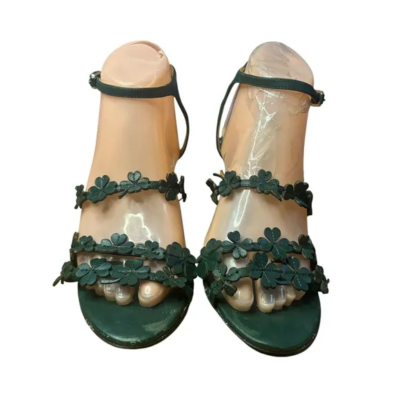 Valentino Green Leather Four Leaf Clover Appliquè Ankle Strap Sandals