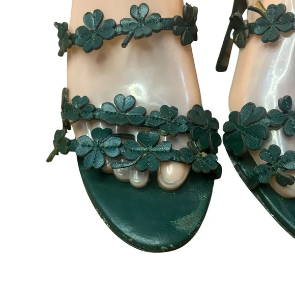 Valentino Green Leather Four Leaf Clover Appliquè Ankle Strap Sandals