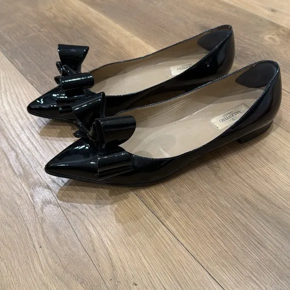 Valentino Patent Couture Bow Flats Black Pointed Toe