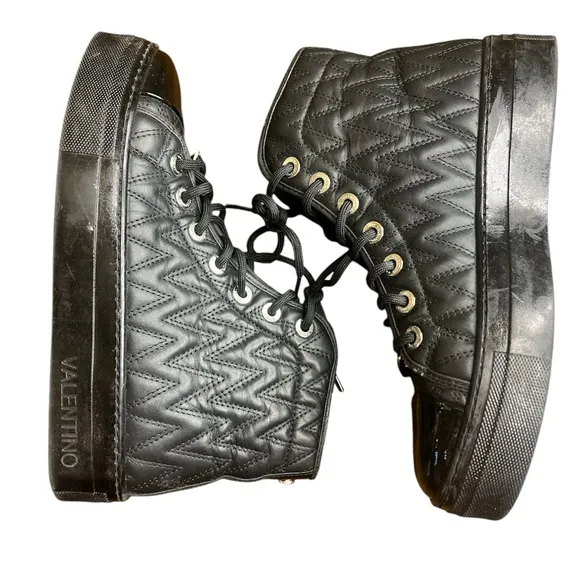 Valentino Women’s 8.5 Black Quilted Leather High-Top Sneakers Patent Toe
