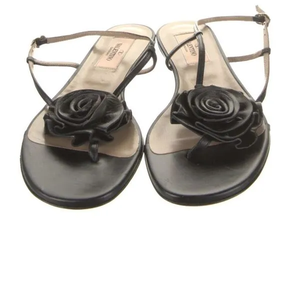Valentino Floral Rosette Bow Black Leather Ankle Strap Slingback Sandals 38 8