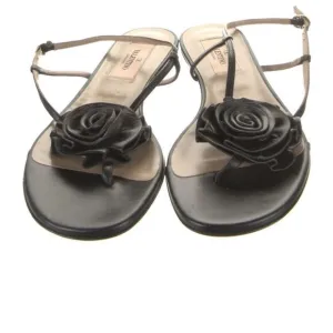 Valentino Floral Rosette Bow Black Leather Ankle Strap Slingback Sandals 38 8