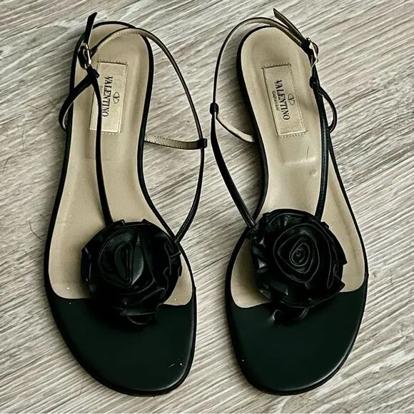 Valentino Floral Rosette Bow Black Leather Ankle Strap Slingback Sandals 38 8