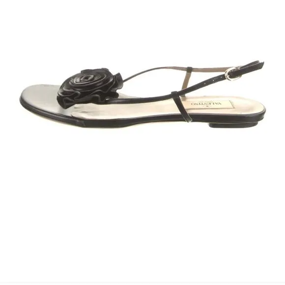 Valentino Floral Rosette Bow Black Leather Ankle Strap Slingback Sandals 38 8