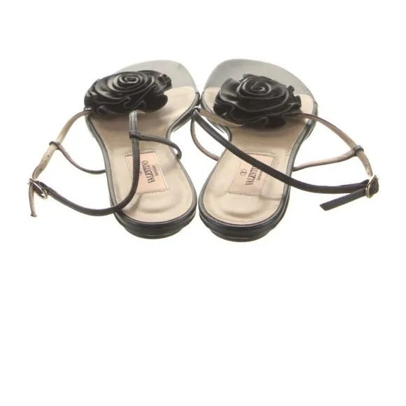 Valentino Floral Rosette Bow Black Leather Ankle Strap Slingback Sandals 38 8