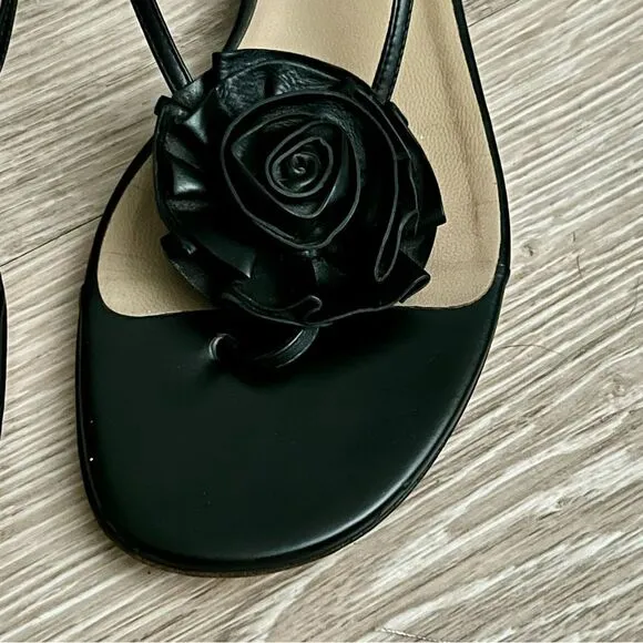 Valentino Floral Rosette Bow Black Leather Ankle Strap Slingback Sandals 38 8