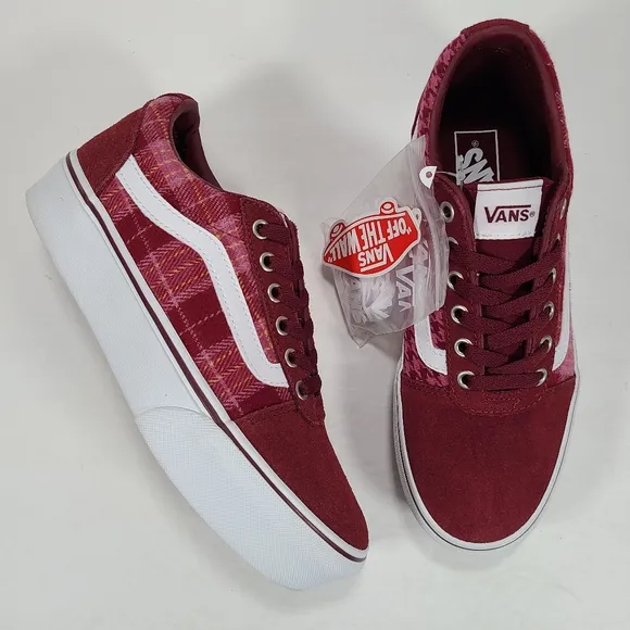 Vans Ward Platform Plaid Mix Port Burgundy Maroon Sneakers Women's Size 8