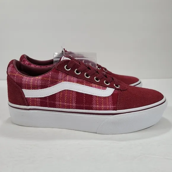 Vans Ward Platform Plaid Mix Port Burgundy Maroon Sneakers Women's Size 8