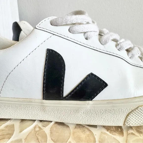 Veja Esplar Logo Leather Low Top White and Black Sneakers 38