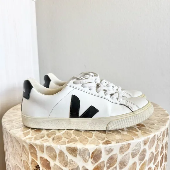 Veja Esplar Logo Leather Low Top White and Black Sneakers 38