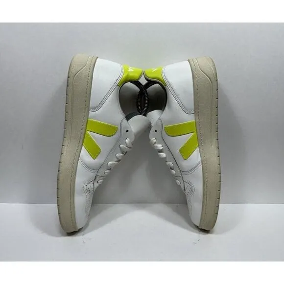 Veja V-10 Leather Trainer Sneakers Low Top White Neon Women's Size 8