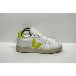 Veja V-10 Leather Trainer Sneakers Low Top White Neon Women's Size 8