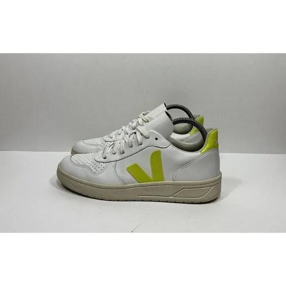 Veja V-10 Leather Trainer Sneakers Low Top White Neon Women's Size 8