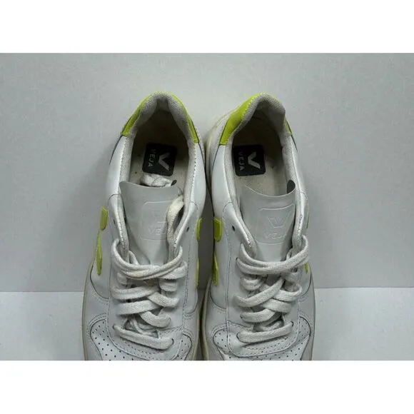 Veja V-10 Leather Trainer Sneakers Low Top White Neon Women's Size 8