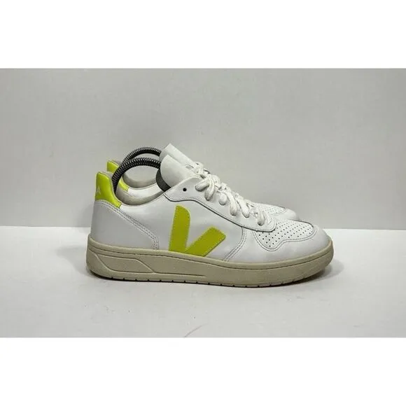 Veja V-10 Leather Trainer Sneakers Low Top White Neon Women's Size 8