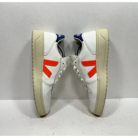 Veja V-10 Sneakers Women’s Size 5 White Orange Cobalt Leather Low Top Lace Up