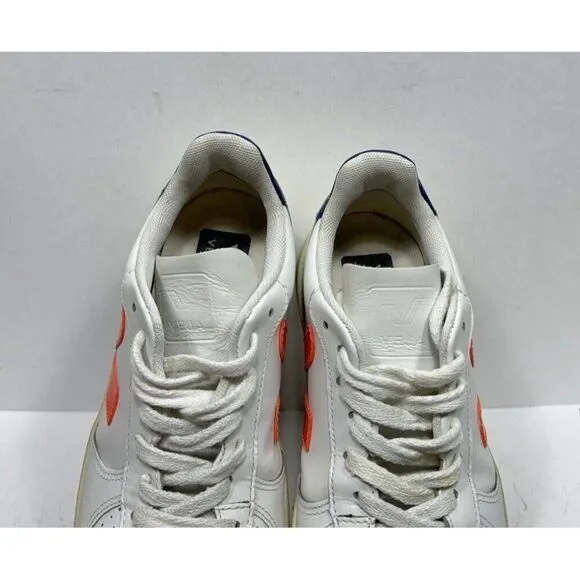 Veja V-10 Sneakers Women’s Size 5 White Orange Cobalt Leather Low Top Lace Up