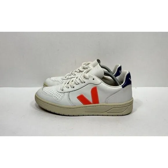 Veja V-10 Sneakers Women’s Size 5 White Orange Cobalt Leather Low Top Lace Up
