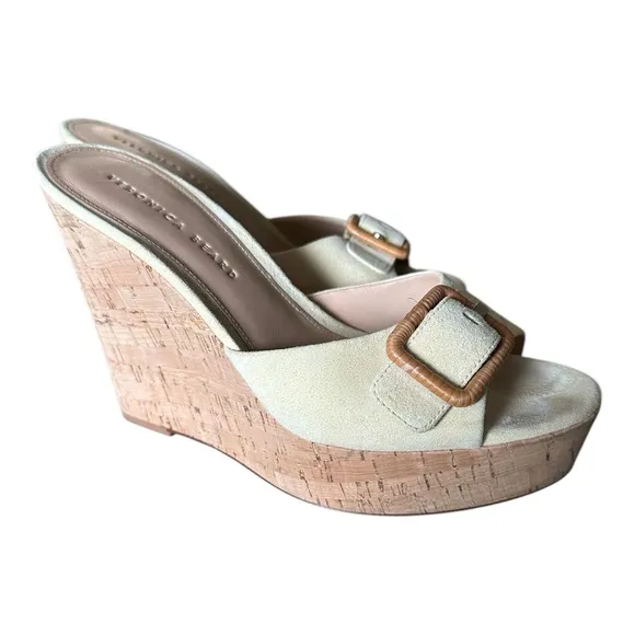 Veronica Beard Dali Wedge Cream Suede Sandals Cork Espadrille Suede Slides 9