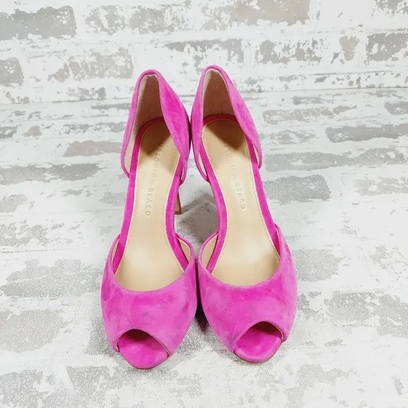 Veronica Beard Gadot Pink Suede Peep Toe Stiletto Heel Pumps D661
