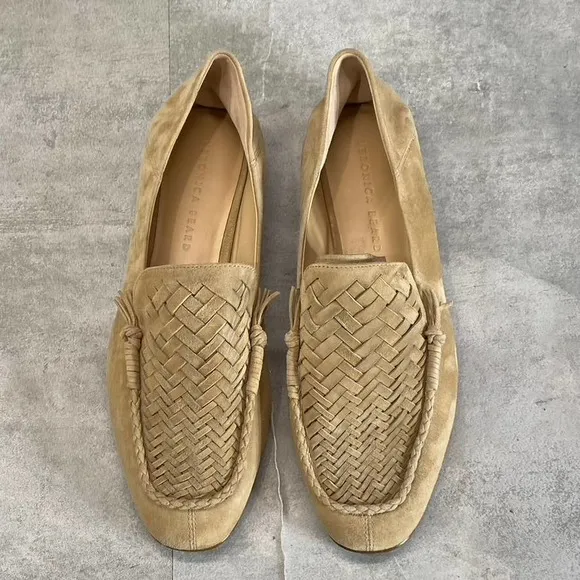 Veronica Beard Women's Tan Leather Round-Toe Woven Anica Loafers SZ 8