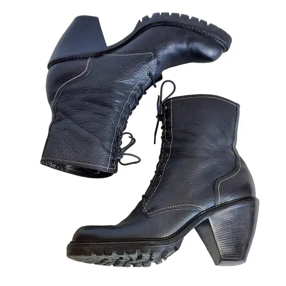 Via Spiga Black‎  Pebbled and Smooth Leather Cone Heeled Combat Boots