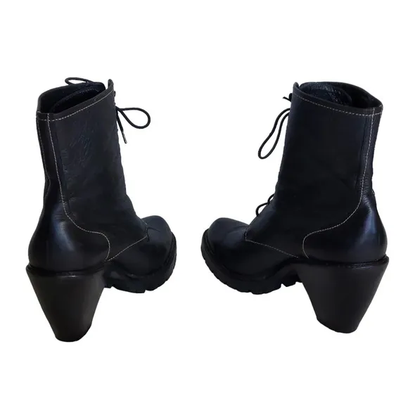 Via Spiga Black‎  Pebbled and Smooth Leather Cone Heeled Combat Boots