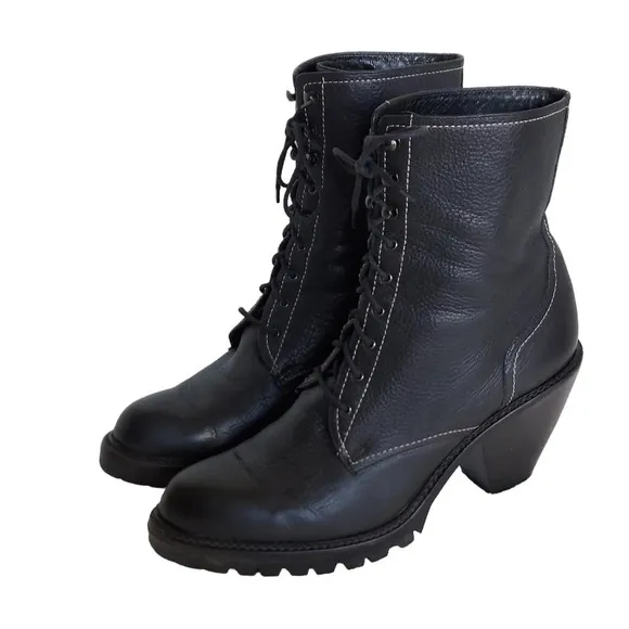 Via Spiga Black‎  Pebbled and Smooth Leather Cone Heeled Combat Boots