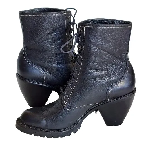 Via Spiga Black‎  Pebbled and Smooth Leather Cone Heeled Combat Boots