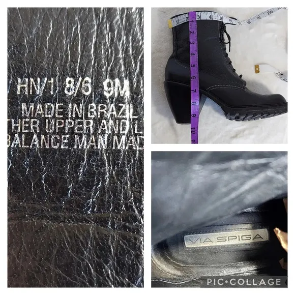 Via Spiga Black‎  Pebbled and Smooth Leather Cone Heeled Combat Boots