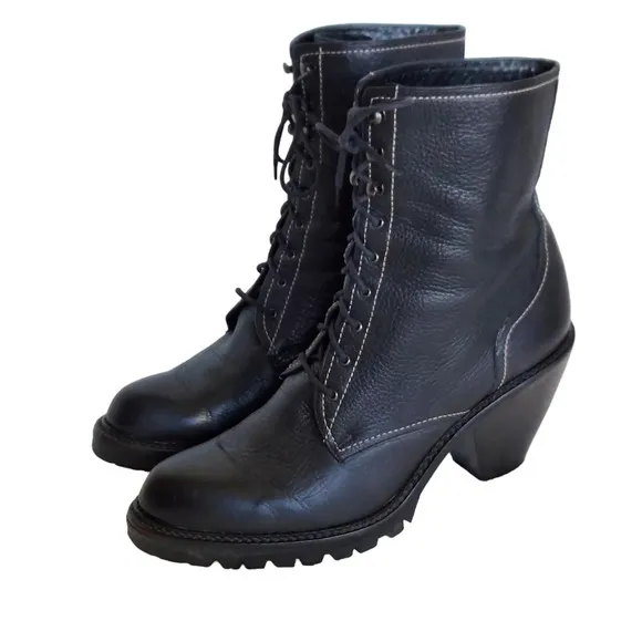 Via Spiga Black‎  Pebbled and Smooth Leather Cone Heeled Combat Boots