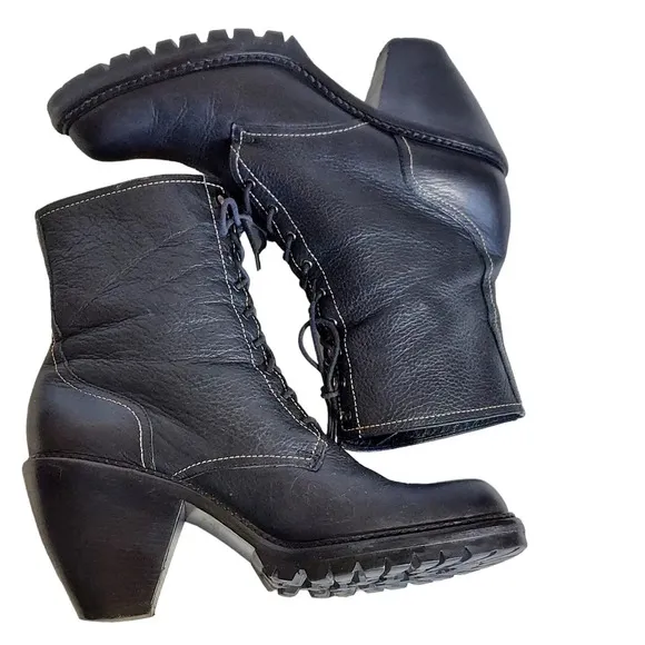 Via Spiga Black‎  Pebbled and Smooth Leather Cone Heeled Combat Boots