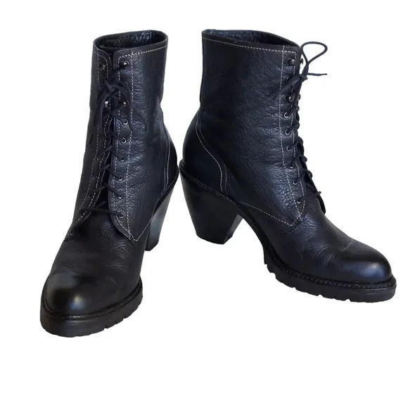 Via Spiga Black‎  Pebbled and Smooth Leather Cone Heeled Combat Boots