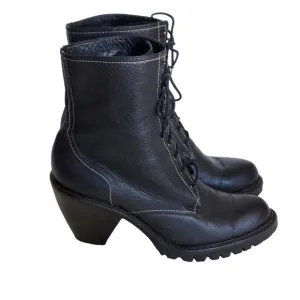 Via Spiga Black‎  Pebbled and Smooth Leather Cone Heeled Combat Boots